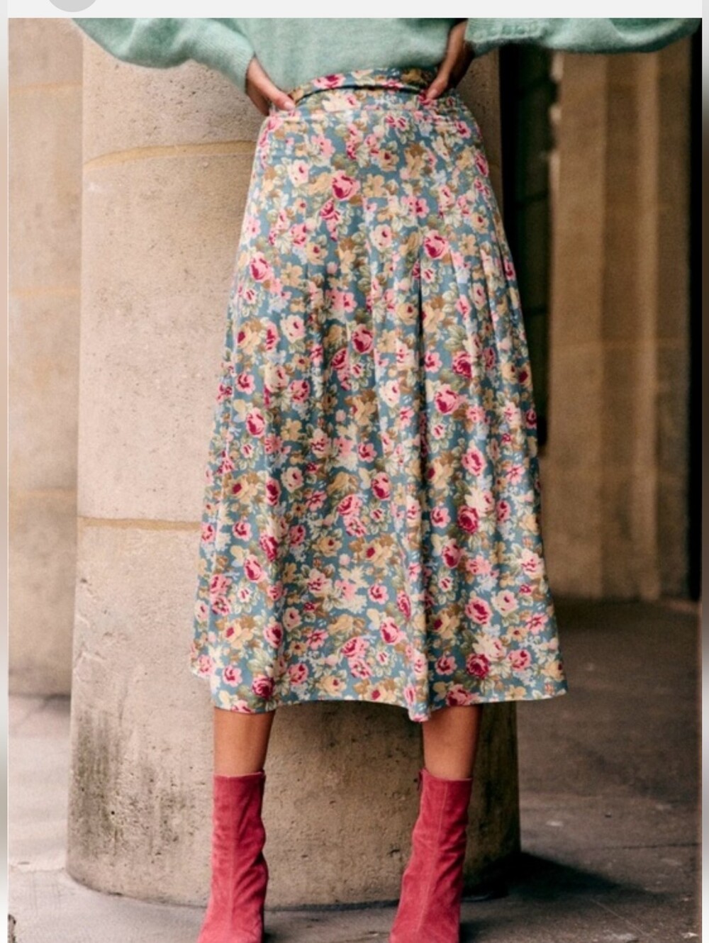 Sézane Jade Blue Floral Pleated Midi Skirt Viscose Size 36 / 4 - Picture 2 of 10